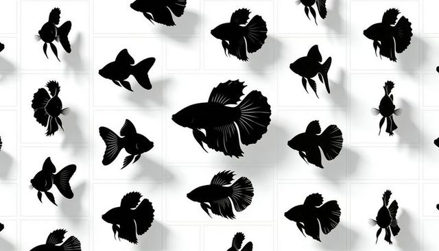 Black betta fish silhouettes on white tile grid repeating pattern with soft shadows