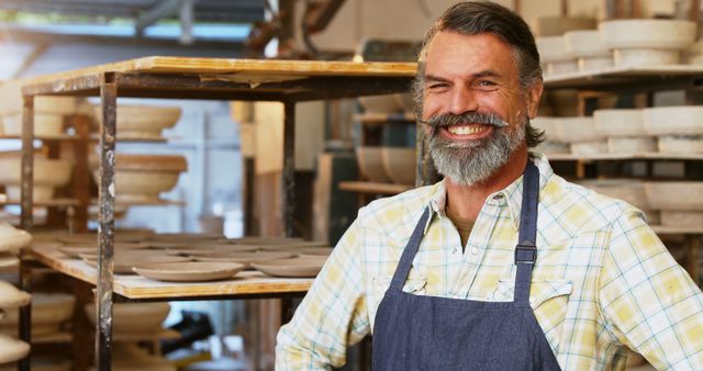 Smiling Pottery Artisan Standing Beside Ceramics Shelf in Workshop - Download Free Stock Images Pikwizard.com