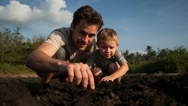 Father teaching young son gardening in rural field during golden hour