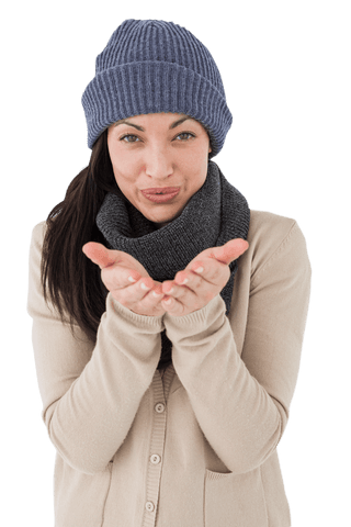 Cheerful Brunette Woman in Winter Outfit Blowing Kiss Transparent Background