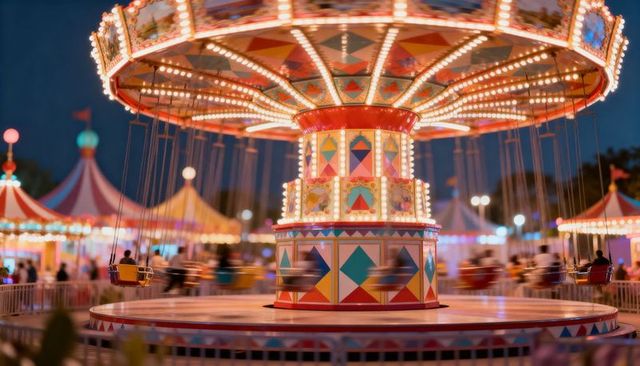 Vintage swing carousel glowing with lights at dusk, colorful carnival ride in motion blur