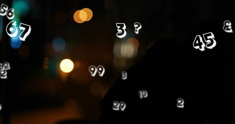Silhouette of Man with Floating Numbers in Tech-Themed Bokeh