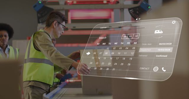 Image of digital interface with calendar and data processing over asian male worker. Global delivery, shipping and retail concept digitally generated image.