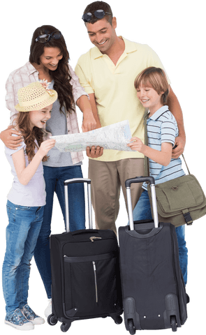 Transparent Happy Family with Luggage Vacation Planning, Beach Holiday Preparation