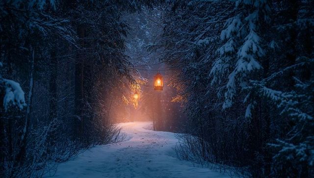 Misty hanging lantern-lit snow path through twilight forest casting warm amber glow