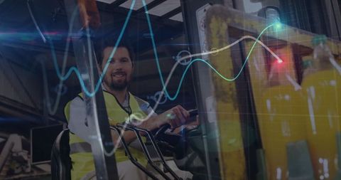 Forklift operator managing warehouse operations with digital interface