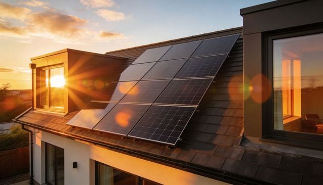 Solar roof panels reflecting golden sunset on modern suburban house