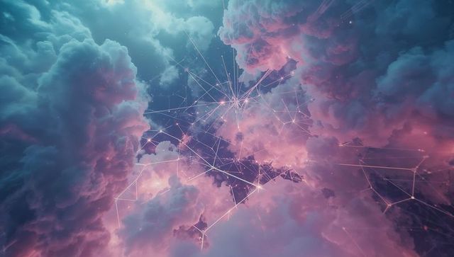 Digital Network Structures in Ethereal Pink and Teal Clouds