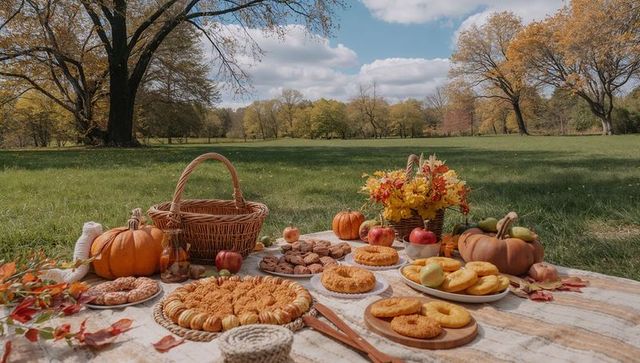 Autumn Picnic Spread with Seasonal Harvest in Picturesque Meadow