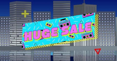 Huge Sale Banner Overlaying Night City Skyscrapers with Neon Vibe