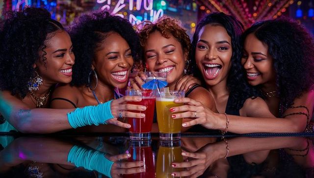 Laughing black women clinking colorful cocktails under neon lights in lively nightclub