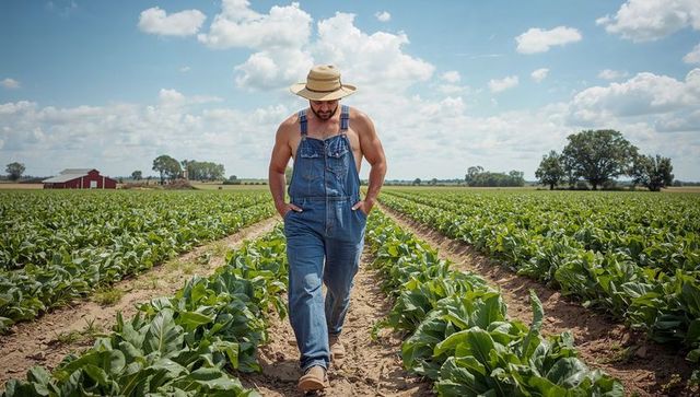 Country farmer walking through lush crop rows wearing denim overalls and straw hat on sunny farmland