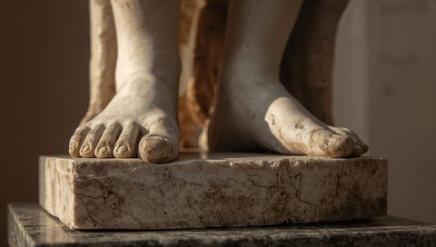 Weathered marble feet of classical sculpture resting on cracked plinth, closeup