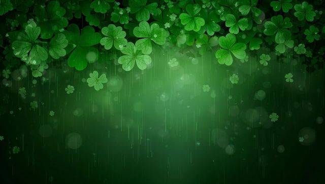 Shamrock Rainfall Over Lush Clover Canopy with Green Bokeh and Soft Gradient