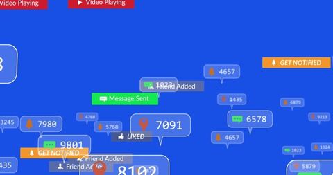 Interactive social media elements on digital blue background