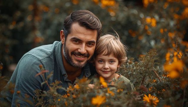 Father and son smiling among golden wildflowers in autumn meadow, outdoor family portrait