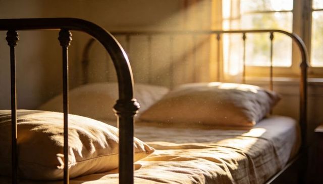 Golden Morning Light Streaming Through Window Warming Rustic Iron Bed with Rumpled Bedding
