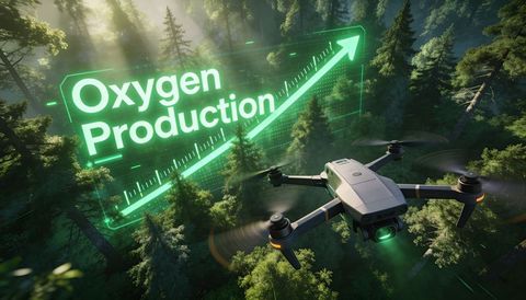 Drone surveying forest canopy monitoring rising oxygen production with holographic overlay