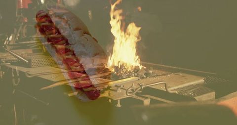 Charcoal grill with skewers and classic hot dog with toppings