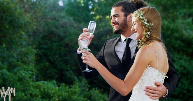 Bride and groom celebrating outdoors with champagne toast - Download Free Stock Images Pikwizard.com