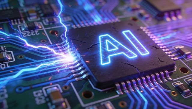 Glowing ai chip sparking neon blue on circuit board macro technology concept