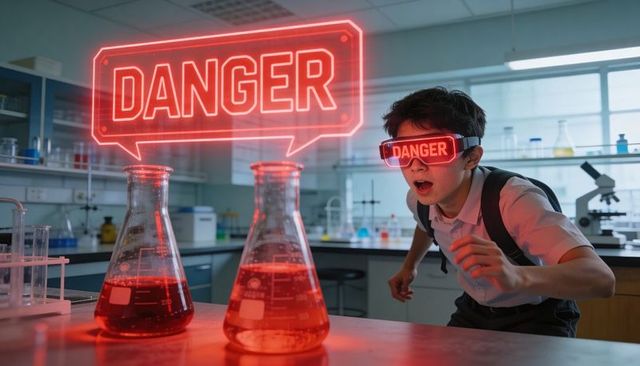 Danger holographic alert over chemistry flasks with student reacting wearing goggles in school lab