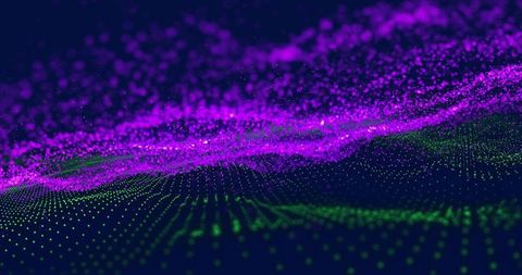 Magenta particle wave flowing over 3d grid data with green neon dots and holographic glow