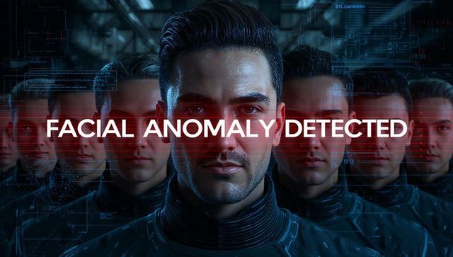 Facial anomaly detection scanner hud with cloned subjects and futuristic surveillance
