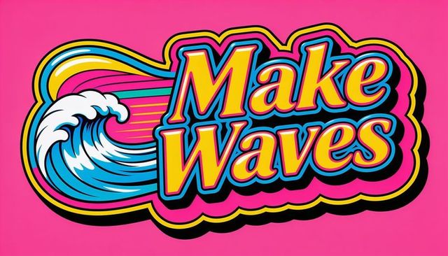 Make waves retro pop art surf graphic on hot pink background with bold colorful typography