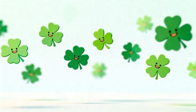 Floating smiling four-leaf clovers creating whimsical st patrick's day pastel background