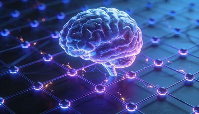 Neon Holographic Brain Hovering Above Neural Network Grid Connecting with Electric Arcs for AI