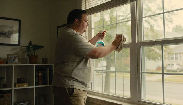 Man cleaning sunlit living room window with spray bottle and cloth, suburban homeowner caring
