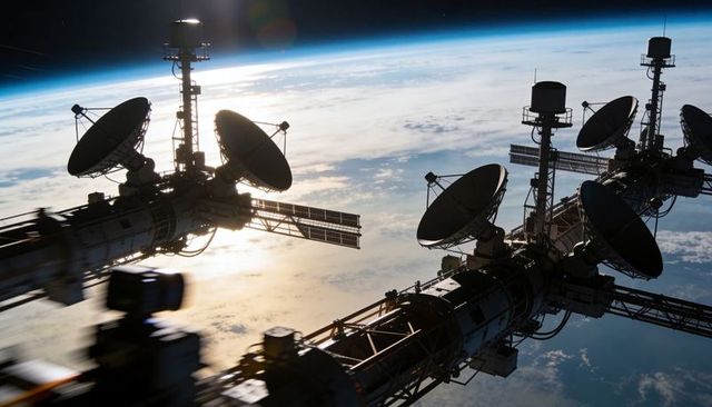 Orbiting Modular Space Trusses with Parabolic Antennas and Solar Arrays Over Earth