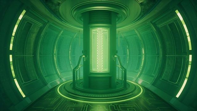 Pulsing green energy core in futuristic reactor chamber with helix filament and platform