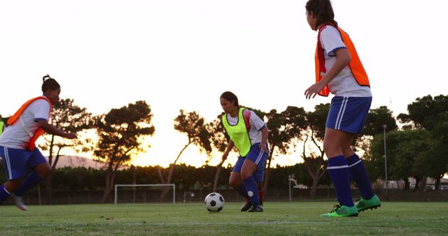 Multiple young female soccer players are practicing dribbling at sunset on an open green field. There is a sense of teamwork and athleticism during this practice. Ideal for use in promoting sports, teamwork, active lifestyles, women in sports, and sports training programs.