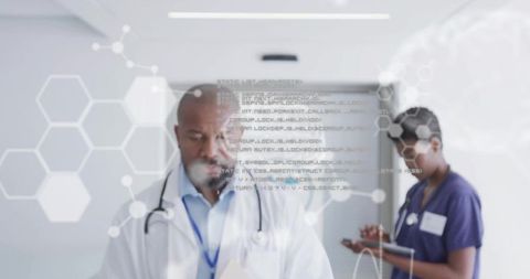 Doctor and nurse reviewing digital patient data with futuristic hexagonal interface