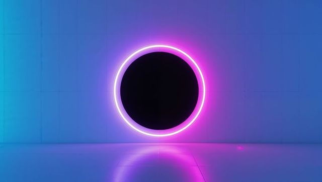 Neon Circular Portal with Black Core and Reflective Gloss Floor in Cyan Magenta Light