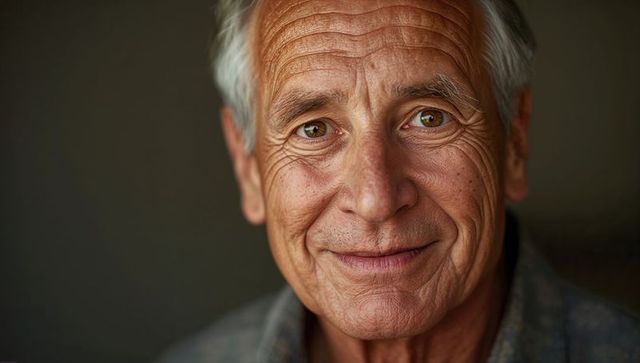 Smiling senior man with hazel eyes and deep wrinkles closeup headshot wearing checked shirt