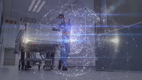 Doctors Navigating Hospital Corridor with Medical Technology Overlay