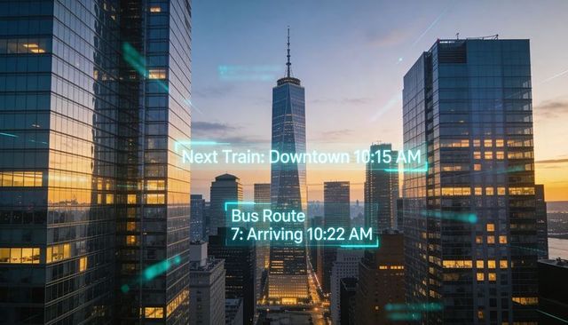 Futuristic city skyline with spire-topped tower and teal transit holograms at dusk