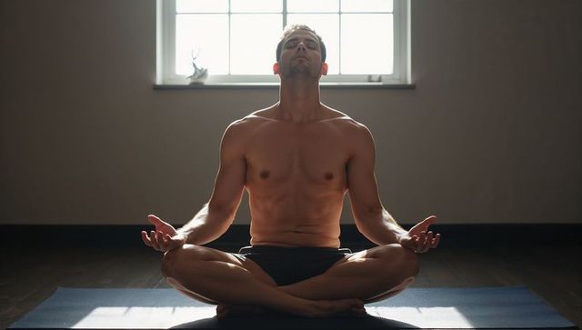 Backlit shirtless man meditating in lotus pose by window on yoga mat, minimalist wellness