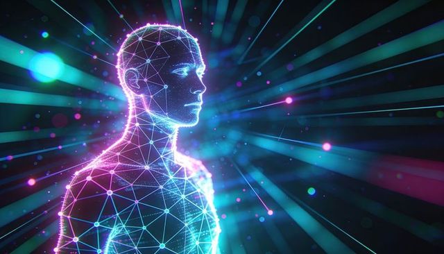 Neon holographic digital human wireframe emitting cyan magenta light and data nodes