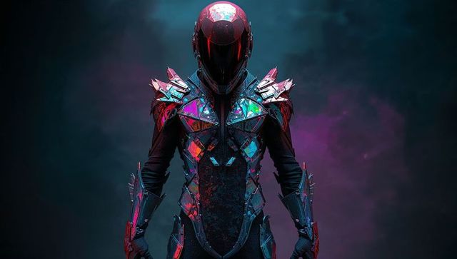 Cyberpunk Warrior in Neon Reflective Shard Armor with Visored Helmet and Spiked Pauldrons