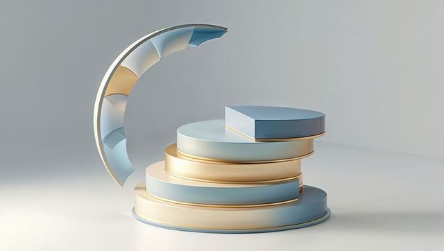 Abstract Geometric Sculpture with Stacked Blue and Gold Platforms