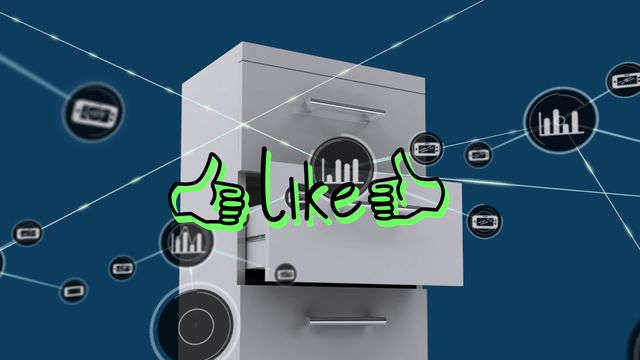 Animation shows interconnected data links over file cabinet with hand symbol for like, illustrating concepts such as secure information storage, digital networking, liking or approval mechanisms and how they integrate within business contexts.