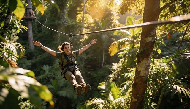 Woman gliding on zipline through tropical canopy at golden hour, smiling with arms out