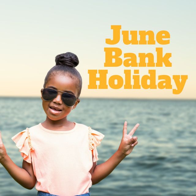 Young African American girl enjoying a sunny day at the beach during June Bank Holiday. Girl wears sunglasses and shows peace signs with both hands, creating a playful and fun atmosphere. Great for promoting summer events, holiday sales, family outings, and vacation packages.