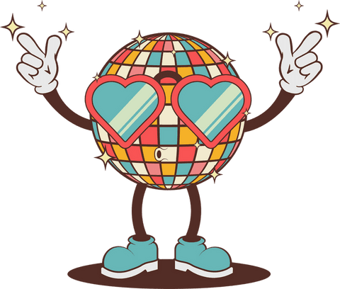 Colorful Cartoon Disco Ball with Heart Sunglasses on Transparent Background