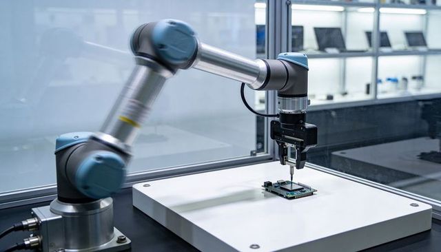 Collaborative robot assembling pcb on precision workstation for electronics manufacturing