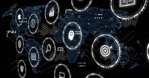 Global data network interface visualizing analytics hub with neon icons over dark world map